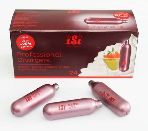 24x ISI N2O Sahne-Kapseln cream capsules Professional Chargers NEU