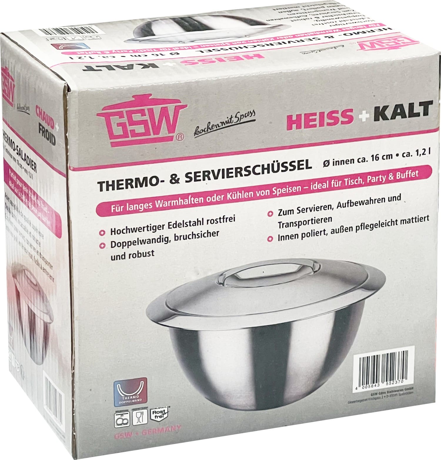 GSW Thermo-Servier-Schüssel Rührschüssel mit Deckel aus Edelstahl Ø16cm 1,2 L – Bild 3