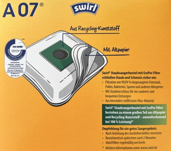 16 SWIRL Staubsaugerbeutel A07 für AEG Electrolux + 4 Abluftfilter NEU – Bild 3