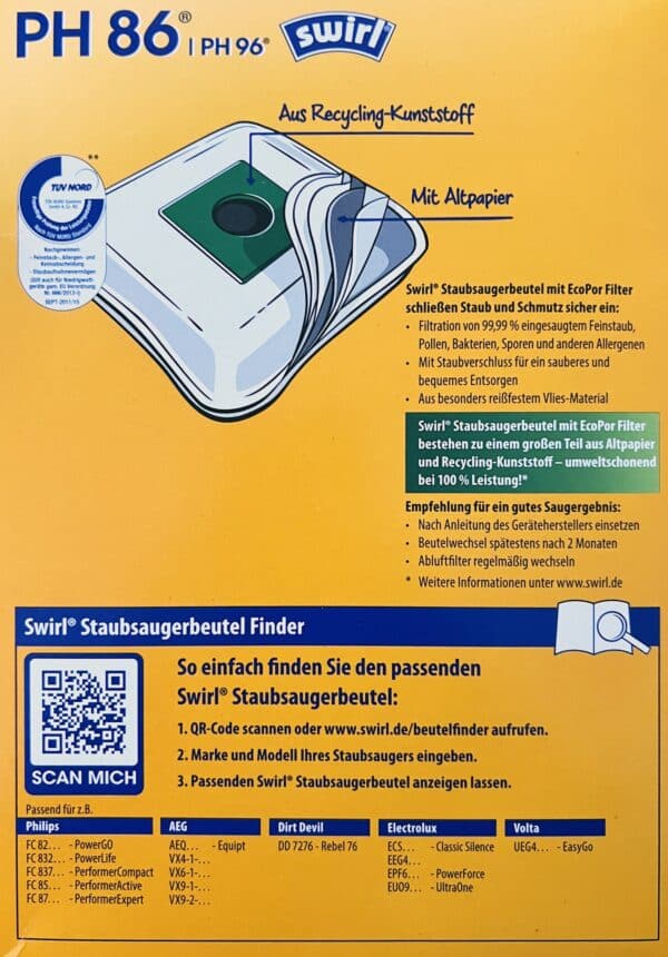 12 Swirl Staubsaugerbeutel PH86 PH96 für Philips AEG Volta + 3 Abluftfilter NEU – Bild 2