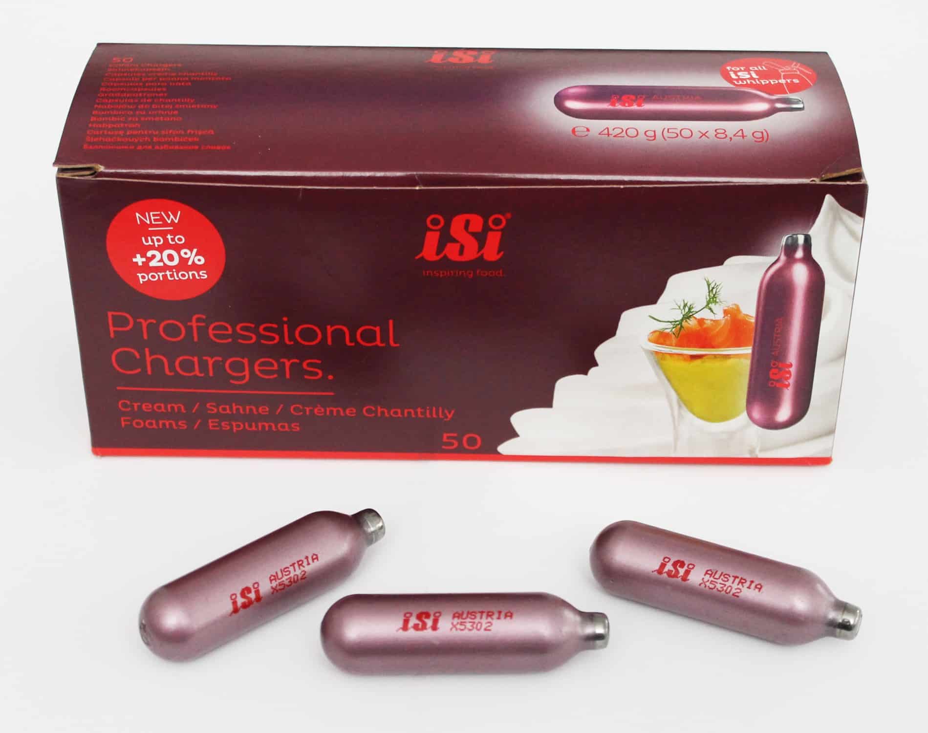 50x ISI N2O Sahne-Kapseln cream capsules Professional Chargers NEU