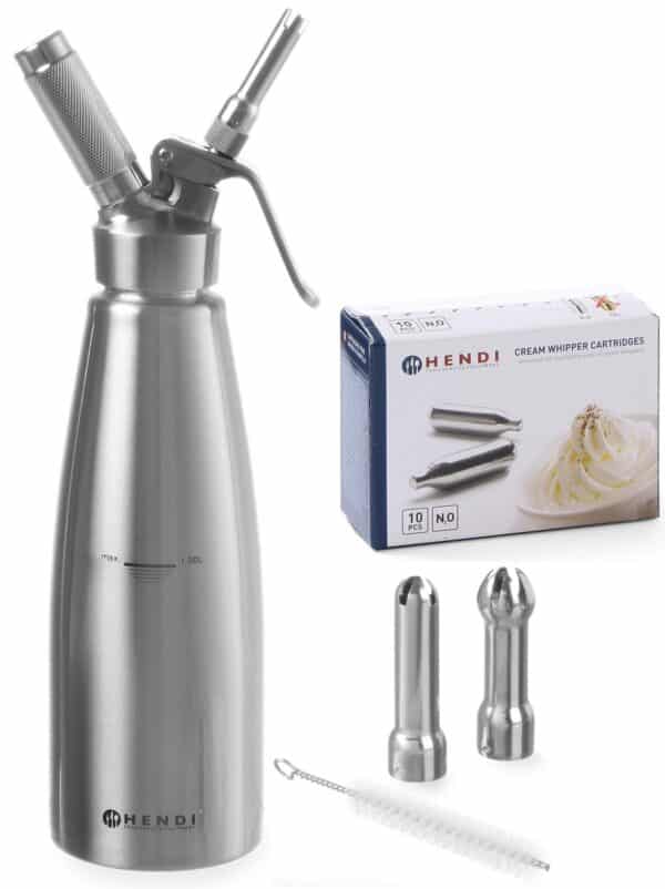 Hendi 1 Liter N2O Sahnespender aus Edelstahl + 10x Sahne-Kapseln Silber NEU