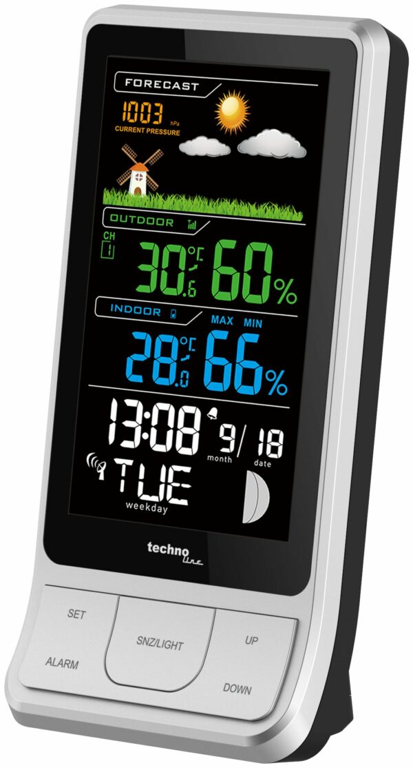 Wetterststation Funk-Uhr Wecker Mondphasen mit Aussensensor TechnoLine Silber