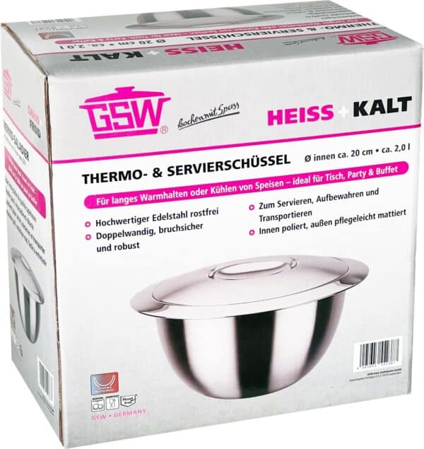GSW Thermo-Servier-Schüssel Rührschüssel mit Deckel aus Edelstahl Ø20cm 2 Liter – Bild 3