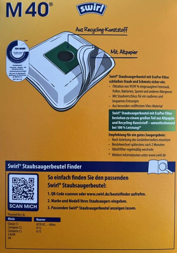 12 Swirl M40 Staubsaugerbeutel für Miele Staubsauger + 3 Abluftfilter NEU – Bild 2